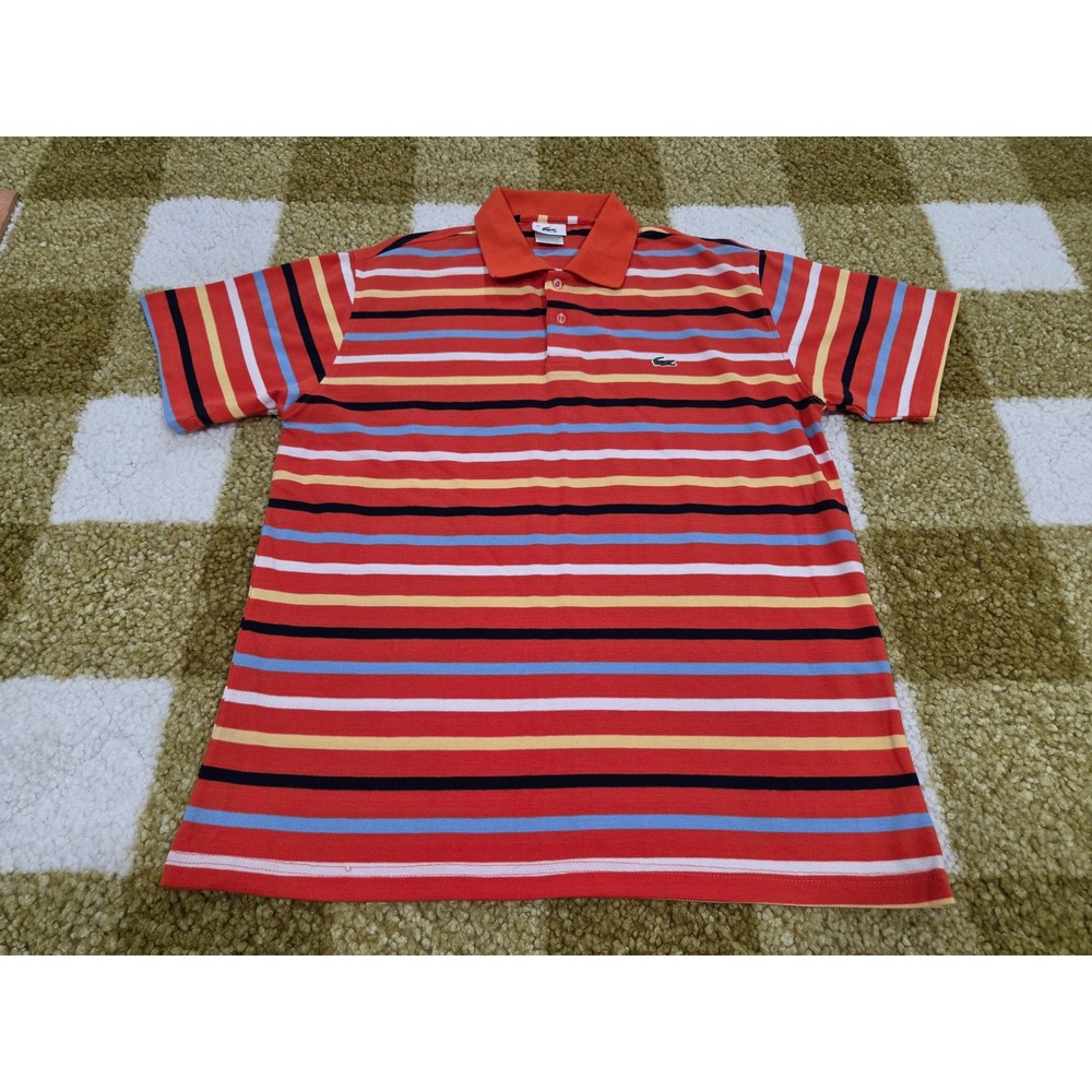 Lacoste Mens Orange Striped Cotton Polo Shirt Made in France Size 5 Large